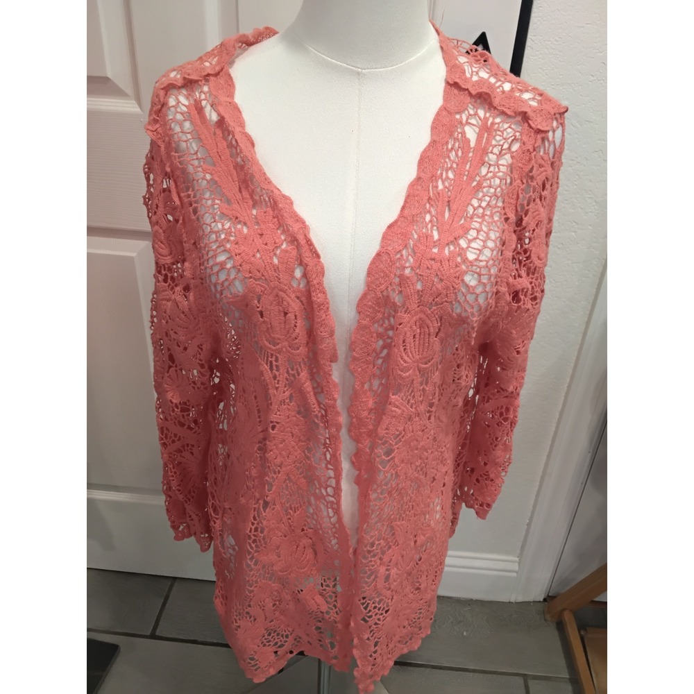 Fever Coral Pink Floral Crochet Lace Open Front Cardigan XL Cotton Boho Layering - Picture 1 of 7